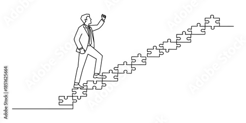 A person in a suit climbs puzzle piece stairs, symbolizing career progression and building success Vector, illustration