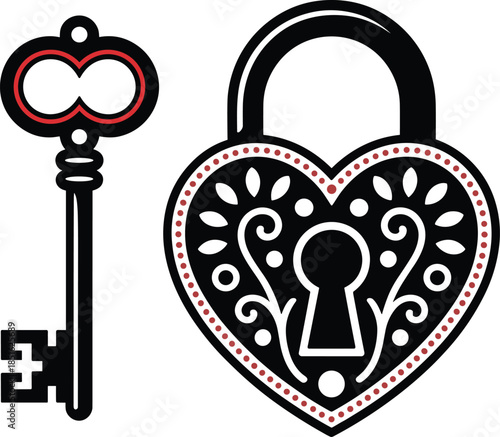 Black and red heart-shaped keyhole with key lock