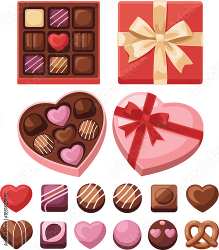 Assorted chocolates in heart-shaped boxes and individual pieces