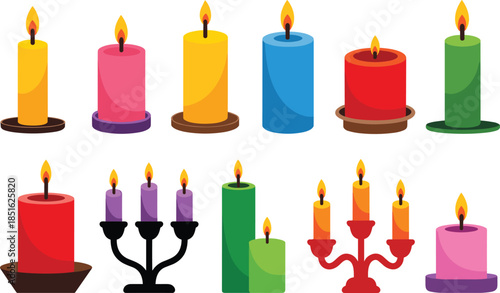 Colorful lit candles in various arrangements and colors