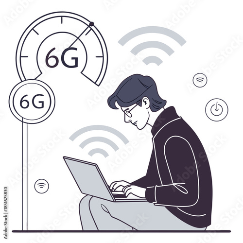 Man working on laptop with 6G network connectivity.
