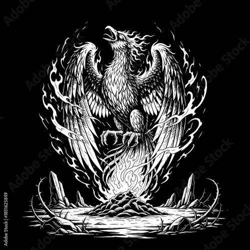 Majestic Phoenix Rising from Flames Mythical Bird Illustration.