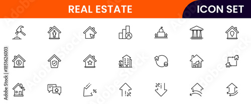 Modern vector web line icons depicting real estate, properties, homes, keys, agents, and investments for housing and property management