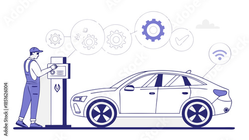 Mechanic servicing an electric car at a charging station.