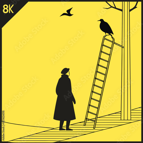 Minimalist illustration of a person looking at a bird on a ladder.