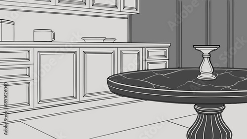 Monochromatic Sketch of a Modern Kitchen Interior with Round Table.