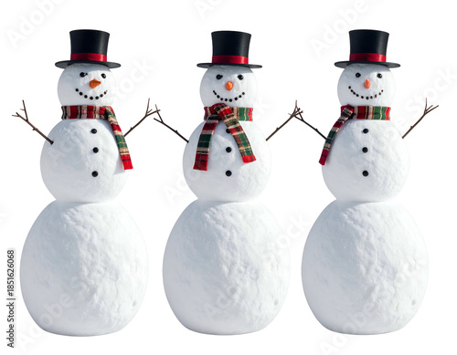 Three cheerful snowmen in hats and scarves on white