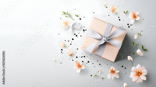 Elegant Pink Gift Box with Silver Ribbon and Confetti Top View Isolated