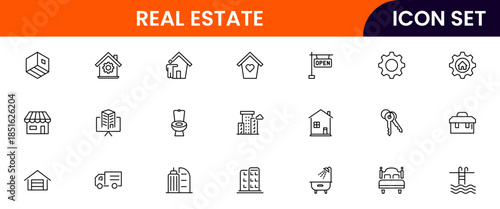 Modern vector web line icons depicting real estate, properties, homes, keys, agents, and investments for housing and property management