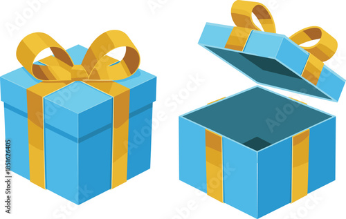 Two Blue Gift Boxes with Yellow Ribbons One Open One Closed