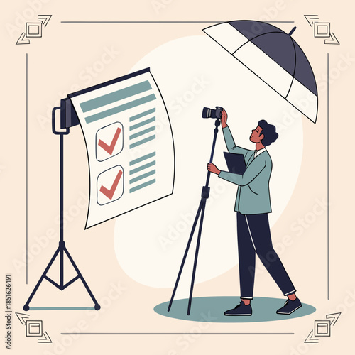 Photographer capturing a checklist document with professional studio lighting setup.