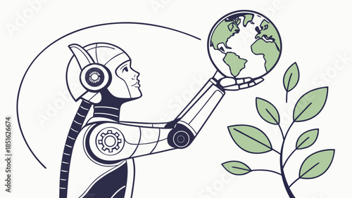 Robot holding Earth with plant symbolizing AIs role in environmental sustainability and green technology.