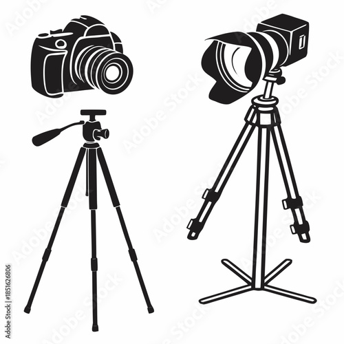 Camera and video equipment on tripods