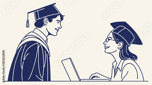 Two graduates in caps and gowns one using a laptop celebrating academic achievement.