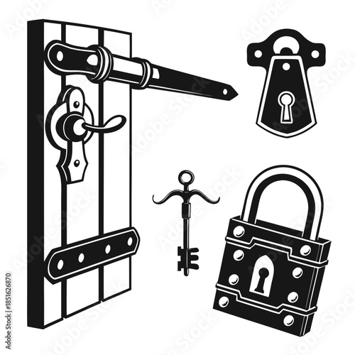 Vintage door lock and key illustrations