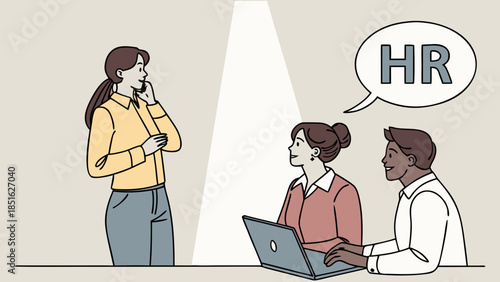 Woman under spotlight talking on phone while HR team evaluates her performance.
