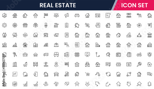 Modern vector web line icons depicting real estate, properties, homes, keys, agents, and investments for housing and property management