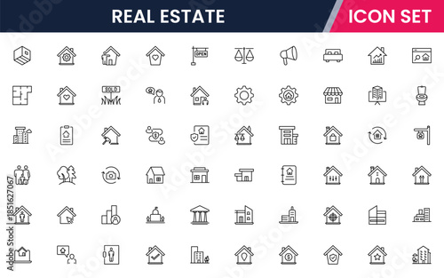 Modern vector web line icons depicting real estate, properties, homes, keys, agents, and investments for housing and property management