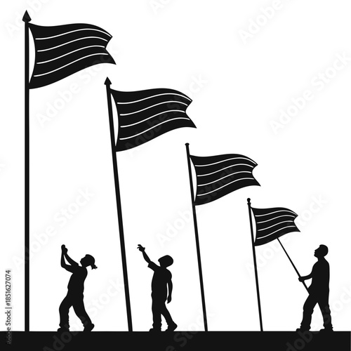 Silhouettes raising flags