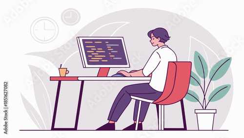 Young male programmer coding on computer at desk.