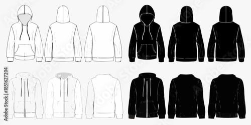 Technical fashion illustration of various hoodie styles in black and white