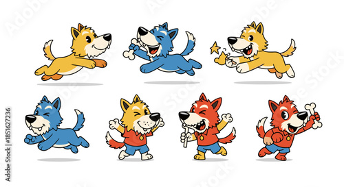 Set of cartoon dogs in various poses and colors.