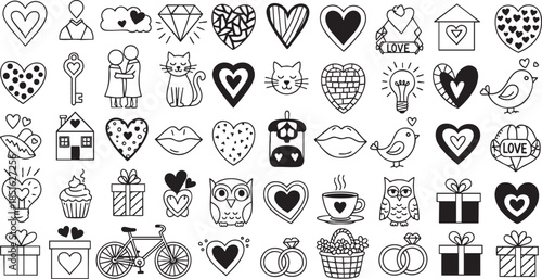 Collection of hand drawn doodle icons for valentines day and love theme