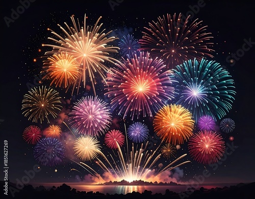 Vivid display of colorful, exploding pyrotechnics over a dark landscape
