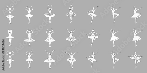 A collection of minimalist line art ballerinas in various poses and outfits