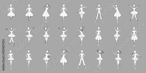 Various poses of female fashion figures in white dresses sketched on a gray background