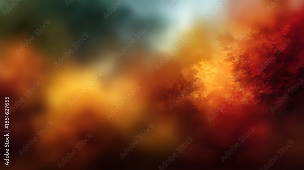 Fototapeta premium A dense forest showcases a mix of vibrant orange red and yellow leaves on trees. Sunlight filters through branches highlighting the beauty of the season.