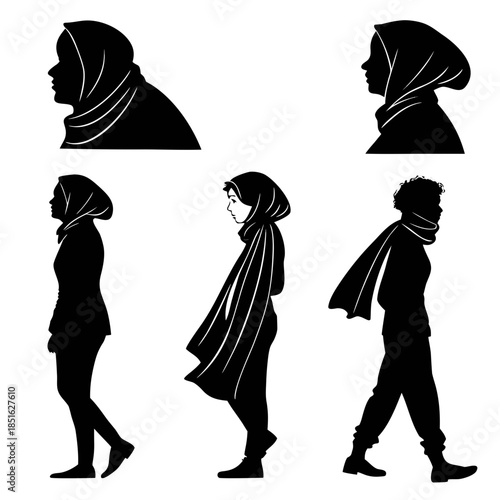 Silhouettes of people wearing headscarves