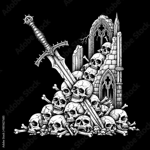 A pile of skulls and bones with a sword piercing through them.