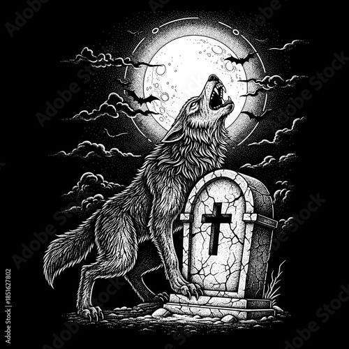 A lone wolf howls at the moon beside a tombstone.
