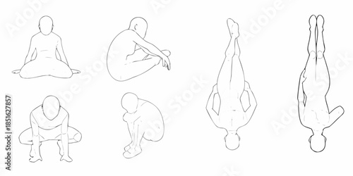 Sketch of human figures in various seated and reclining poses line art