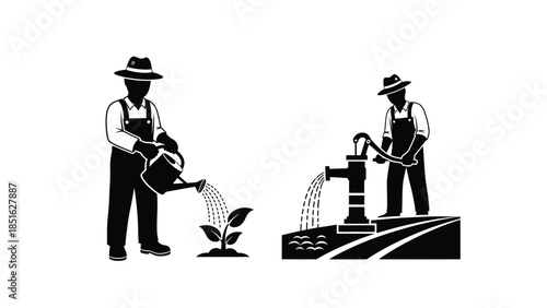 Farmer icon set showing manual water pumping and watering a growing seedling plant in black silhouette