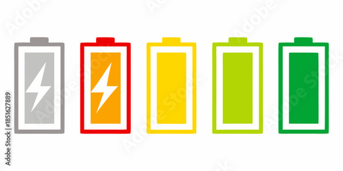 Five battery icons displaying varying levels of charge from empty to full