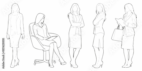 Line art illustration of five women in professional business attire