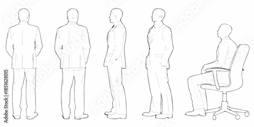 Line art illustration of men in suits and an office chair design