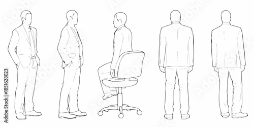 Line art illustration of men in suits and an office chair