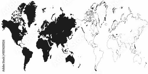 A stark black and white depiction of the world s continents and oceans