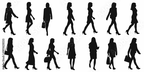 Silhouettes of women walking in various poses and professional attire