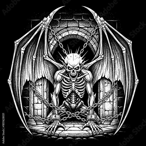 Fearsome skeletal demon with large bat wings chained in a dungeon.