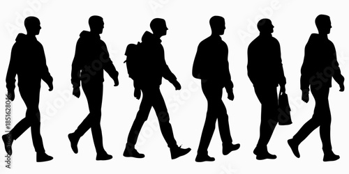 Silhouettes of people walking in a line showcasing diverse postures and attire