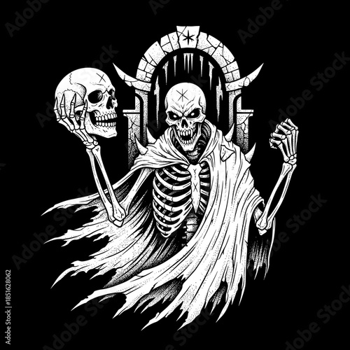 Grim Reaper Skeleton King Holding Skull Throne of Death.