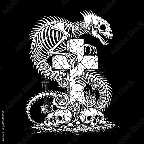 Skeleton Dinosaur Coiled Around Stone Cross with Skulls and Roses.