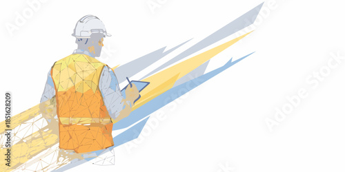 Construction worker reviewing plans with a digital tablet safety vest visible