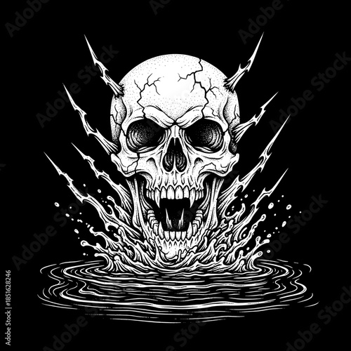 Emerging Skull from Water with Spikes.