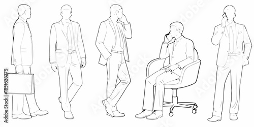 Line art depiction of businessmen in various poses with phones and office chair