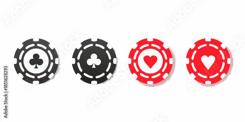 Four playing chips two black with clubs and two red with hearts
